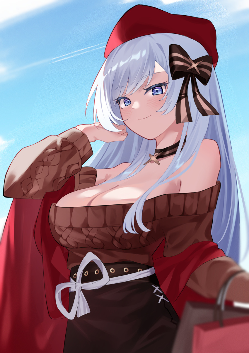 absurdres adjusting_hair aran_sweater azur_lane belfast_(azur_lane) belfast_(shopping_with_the_head_maid)_(azur_lane) beret blue_eyes blue_sky breasts brown_skirt brown_sweater cable_knit cleavage detached_collar female grey_hair hat highres large_breasts light_smile long_hair looking_at_viewer off-shoulder_sweater off_shoulder official_alternate_costume pencil_skirt red_hat red_shawl shawl skirt sky solo sweater very_long_hair waka_(user_unuj5373)