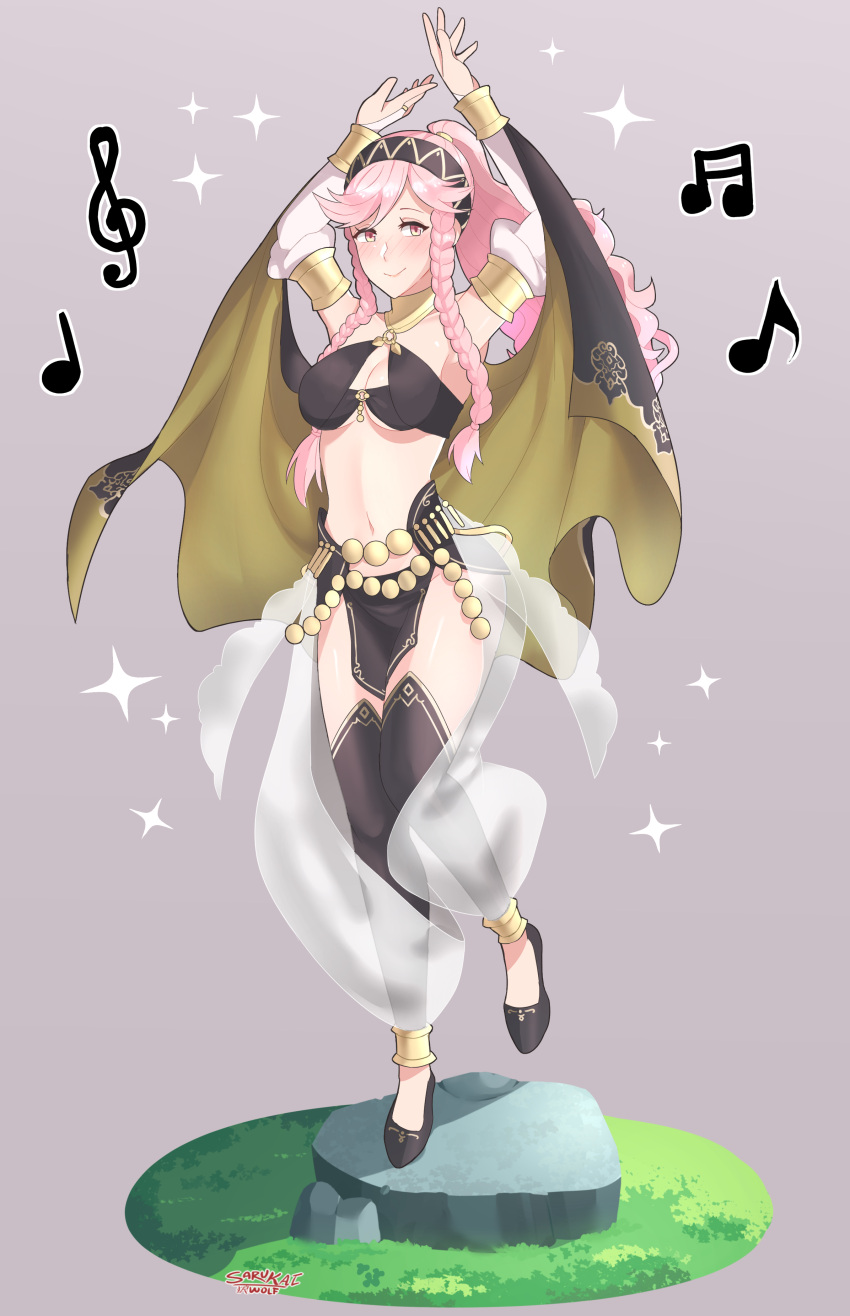 absurdres alternate_costume armlet arms_up artist_name bare_shoulders blush braid breasts bridal_gauntlets cleavage closed_mouth dancer dancing female fire_emblem fire_emblem_awakening fire_emblem_heroes full_body grass grey_background hairband highres long_hair medium_breasts midriff musical_note navel official_alternate_costume olivia_(fire_emblem) olivia_(performing_arts)_(fire_emblem) pelvic_curtain pink_eyes pink_hair ponytail rock sarukaiwolf side_braid simple_background smile solo sparkle standing standing_on_one_leg twin_braids underboob