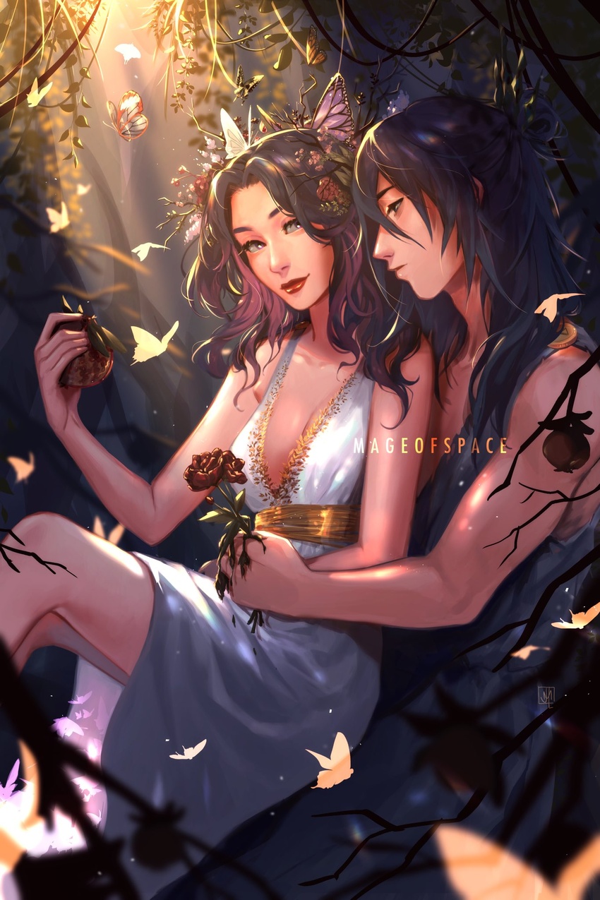 1boy artist_name bare_arms black_hair black_tunic blurry blurry_foreground breasts bug butterfly butterfly_hair_ornament cleavage couple dress feet_out_of_frame female flower food fruit hair_between_eyes hair_ornament highres holding holding_flower holding_food holding_fruit kimetsu_no_yaiba kochou_shinobu long_hair looking_at_another mageofspace medium_breasts multicolored_hair outdoors parted_bangs pomegranate purple_hair red_flower red_lips red_rose rose sidelocks sitting straight tomioka_giyuu toned toned_male two-tone_hair wavy_hair white_dress