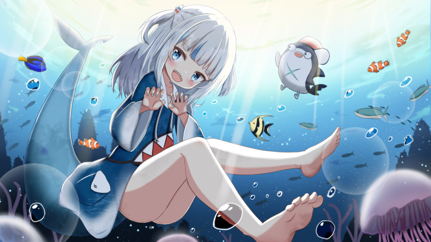 absurdres barefoot bloop_(gawr_gura) blue_eyes blue_hair blue_nails blunt_bangs blush bubble clownfish coral feet female fins fish fish_tail gawr_gura gawr_gura_(1st_costume) hair_ornament highres hololive hololive_english jellyfish jiu_(sdesd3205) long_hair looking_at_viewer multicolored_hair nail_polish open_mouth regal_blue_tang shark_girl shark_tail sharp_teeth short_twintails streaked_hair sunlight surgeonfish tail teeth tropical_fish twintails underwater virtual_youtuber