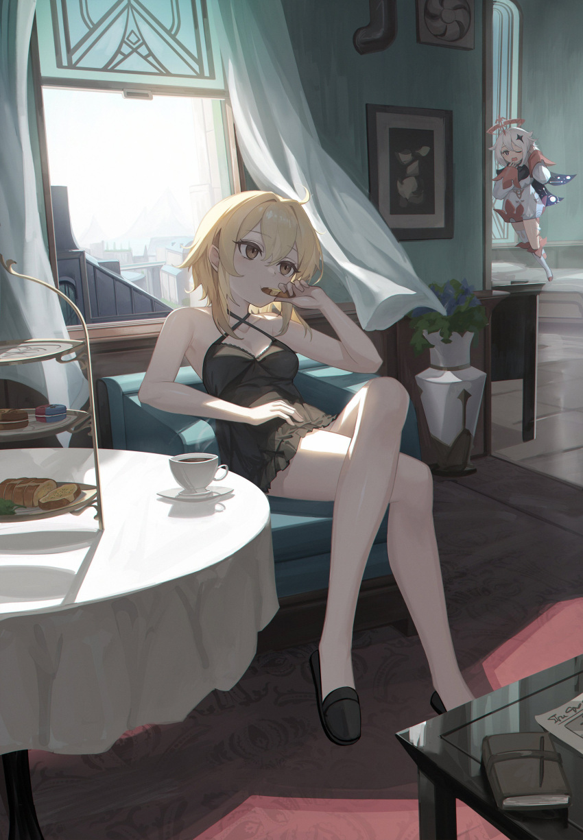 2girls absurdres black_dress black_footwear blonde_hair breasts brown_eyes chair cleavage criss-cross_halter crossed_legs cup curtains dress eating eruthika food genshin_impact hair_between_eyes hair_ornament halo halterneck highres holding holding_food indoors lumine_(genshin_impact) medium_breasts multiple_girls one_eye_closed paimon_(genshin_impact) plant potted_plant romper saucer scarf short_dress single_thighhigh sitting table thighhighs white_dress white_footwear white_romper white_thighhighs window