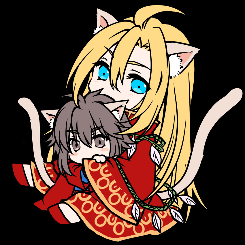 2boys ahat_(ragnarok_online) animal_ear_fluff animal_ears black_background blonde_hair blue_eyes blue_shirt cat_boy cat_ears cat_tail cheshire_(ragnarok_online) chibi cloak commentary_request full_body hair_between_eyes highres kemonomimi_mode long_hair looking_at_viewer male_focus manoji multiple_boys ragnarok_online red_cloak red_robe robe shirt short_hair simple_background tail