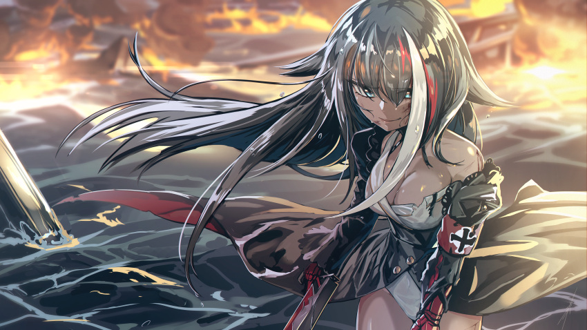 absurdres armband azur_lane black_hair blue_eyes cross deutschland_(azur_lane) fire german_clothes gun headwear_request highres iron_cross long_hair multicolored_hair ocean seigetsu_kotaku smoke sunset uniform weapon