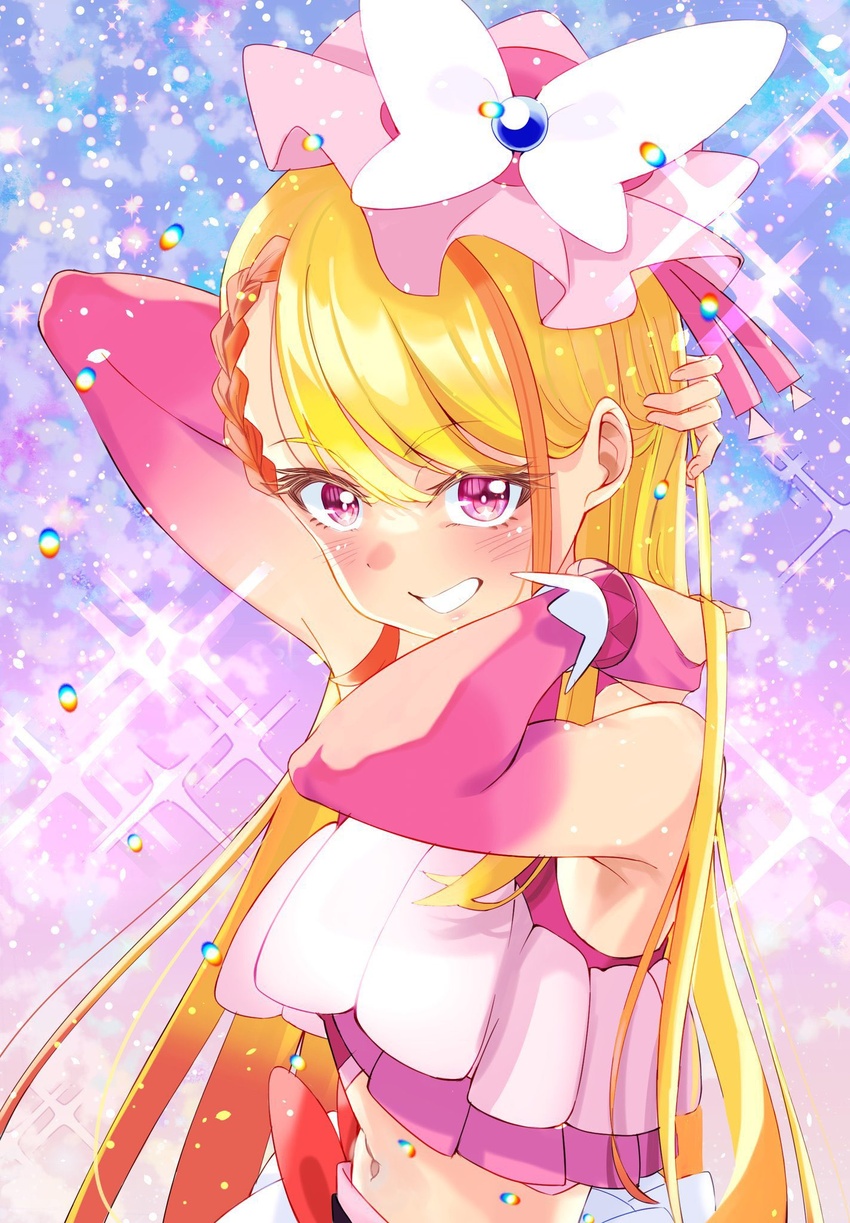 blonde_hair blush braid commentary_request cure_butterfly eyelashes female gradient_background hair_ornament happy highres hijiri_ageha hirogaru_sky!_precure long_hair looking_at_viewer magical_girl midriff mu-chu multicolored_hair navel orange_hair pink_eyes pink_tank_top precure single_braid smile solo streaked_hair tank_top two-tone_hair