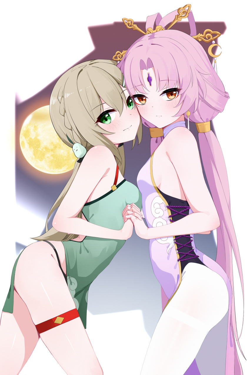 2girls absurdres bare_arms bare_shoulders black_panties blush breasts brown_eyes brown_hair closed_mouth commentary_request dress from_side fu_xuan_(honkai:_star_rail) full_moon green_dress green_eyes hair_between_eyes hair_ornament hair_rings hair_stick highres holding_hands honkai:_star_rail honkai_(series) interlocked_fingers long_hair moon multiple_girls panties pantyhose parted_bangs pelvic_curtain pink_hair purple_dress qingque_(honkai:_star_rail) sleeveless sleeveless_dress small_breasts smile underwear very_long_hair white_pantyhose zerotwenty_(020)