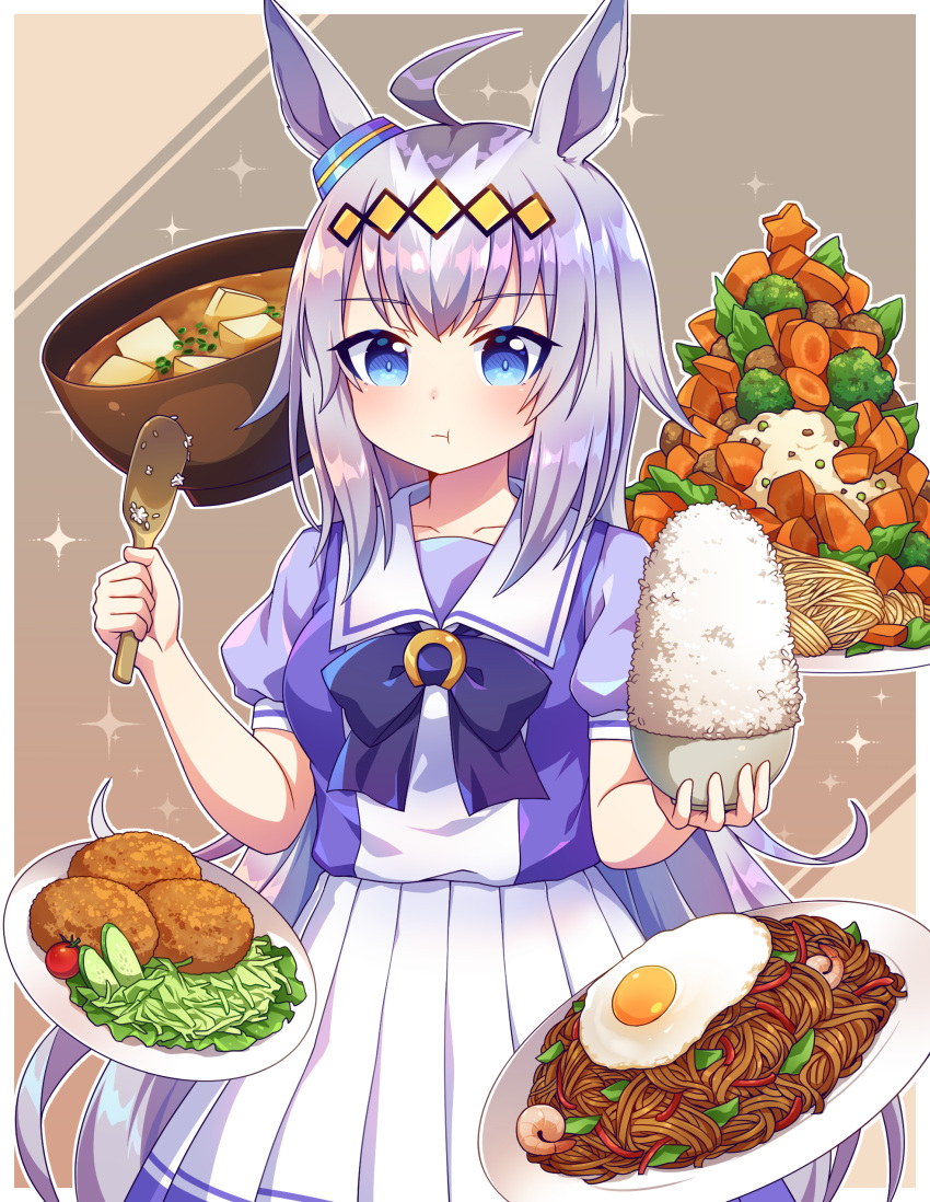 :t absurdres animal_ears black_bow black_hair blue_eyes blue_shirt blush bow bowl breasts broccoli carrot cherry_tomato closed_mouth commentary croquette cucumber cucumber_slice eating egg_(food) female food fried_egg grey_hair highres holding holding_bowl holding_spoon horse_ears horse_girl kaoling mashed_potatoes miso_soup multicolored_hair oguri_cap_(umamusume) pasta peas pleated_skirt puffy_short_sleeves puffy_sleeves purple_hair rice rice_bowl school_uniform shirt short_sleeves shrimp skirt small_breasts solo spoon tomato tracen_school_uniform two-tone_hair umamusume yakisoba