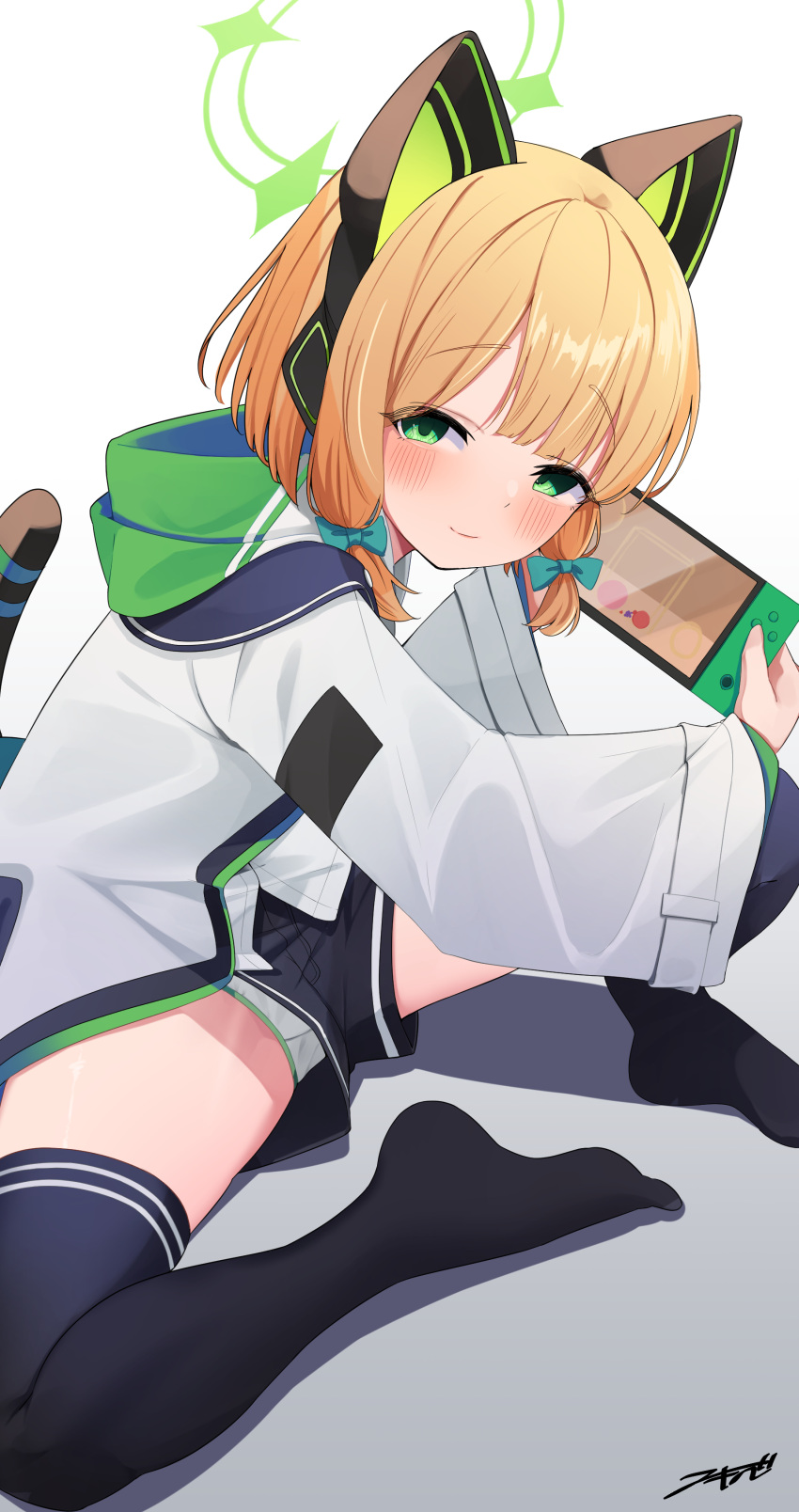 absurdres akinoji_(akiponpon27) animal_ear_headphones animal_ears black_shorts black_thighhighs blonde_hair blue_archive blush bow cat_ear_headphones cat_tail commentary fake_animal_ears female green_bow green_eyes green_halo hairbow half-closed_eyes halo handheld_game_console headphones highres holding holding_handheld_game_console hood hooded_jacket jacket long_sleeves looking_at_viewer midori_(blue_archive) no_shoes panties panty_peek seductive_smile shirt short_hair shorts signature sitting smile solo spread_legs tail thighhighs thighs underwear upshorts white_background white_jacket white_panties white_shirt