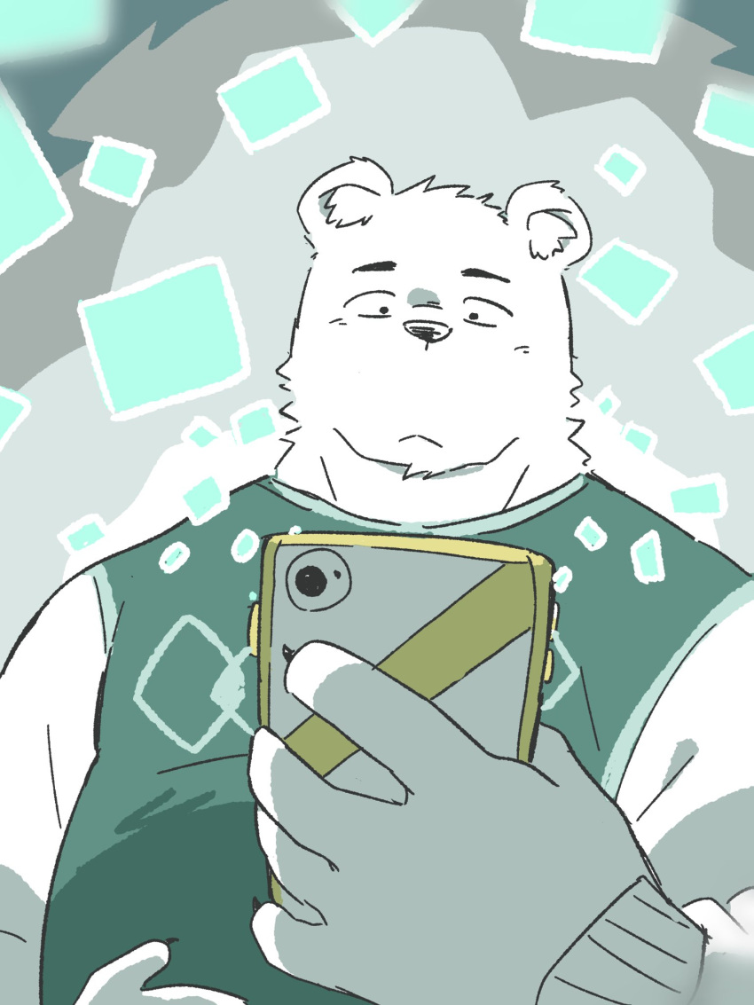 2021 3:4 anthro bear black_nose cellphone clothing electronics fur hi_res humanoid_hands kemono male mammal nekodon_san overweight overweight_anthro overweight_male phone polar_bear smartphone solo sweater topwear ursine white_body white_fur