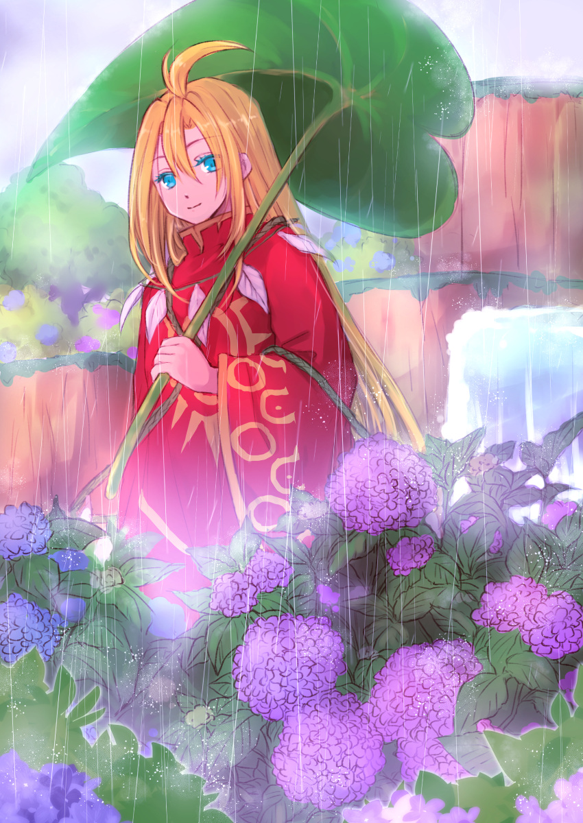 1boy absurdres ahat_(ragnarok_online) ahoge blonde_hair blue_eyes blue_flower closed_mouth colored_eyelashes commentary_request feet_out_of_frame flower hair_between_eyes highres holding holding_umbrella hydrangea leaf_umbrella long_hair looking_at_viewer male_focus manoji purple_flower ragnarok_online rain red_robe robe smile solo tree umbrella water waterfall