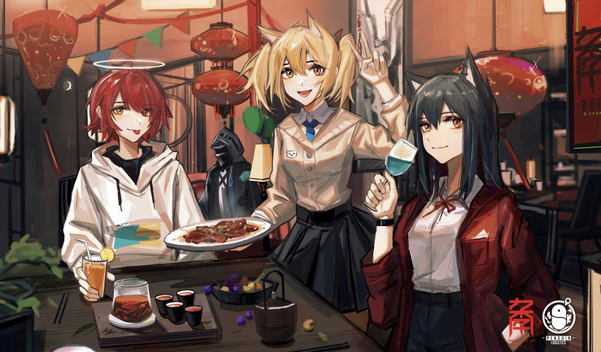 3girls :p absurdres ambiguous_gender animal_ears arknights black_skirt blonde_hair blue_necktie collared_shirt cup doctor_(arknights) drinking_glass ear_piercing exusiai_(arknights) food hair_between_eyes halo hand_up highres holding holding_cup holding_plate hood hood_down hooded_sweater indoors jacket juice lantern looking_at_viewer multiple_girls neck_ribbon necktie no_wings open_clothes open_jacket open_mouth orange_juice paper_lantern penguin_logistics_(arknights) penguin_logistics_logo piercing plate pleated_skirt red_jacket red_ribbon ribbon shirt short_hair shuimo skirt smile sora_(arknights) sweater texas_(arknights) tongue tongue_out twintails v watch white_shirt white_sweater wine_glass wolf_ears wristwatch