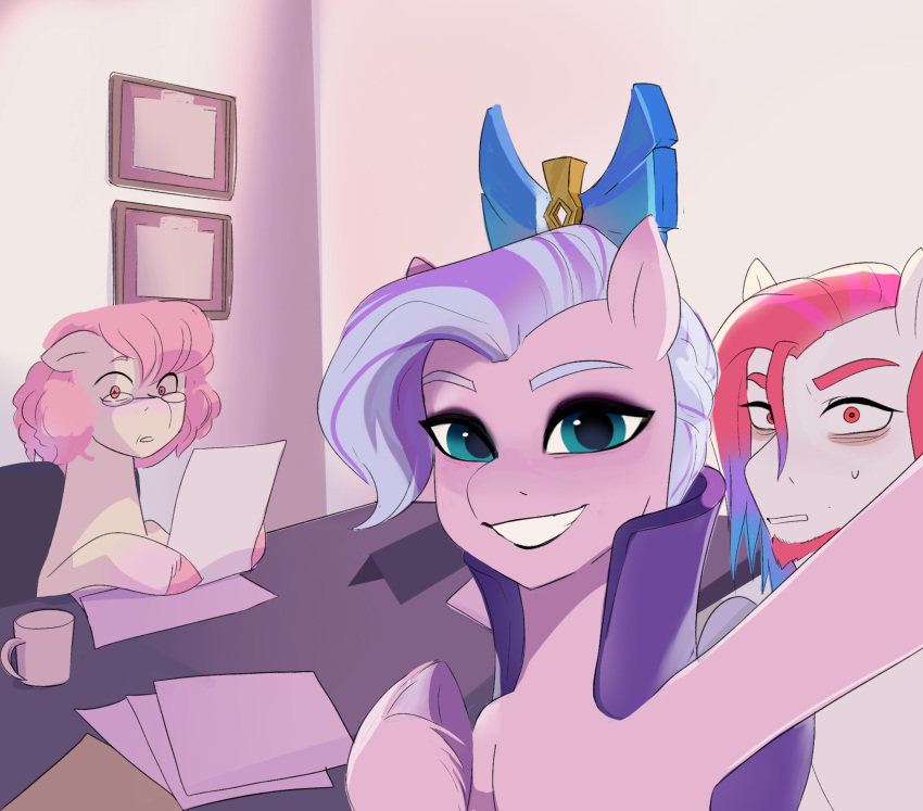 aztrial crown divorce divorce_selfie equid equine eye_bags eyewear facial_hair fan_character female feral glasses hasbro headgear hi_res husband_and_wife inappropriate looking_at_viewer male mammal married_couple meme mlp_g5 my_little_pony mythological_creature mythological_equine mythology office paper pegasus queen_haven_(mlp) selfie smile wings