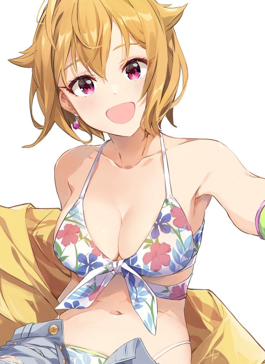 bikini breasts brown_hair cleavage collarbone denim denim_shorts female floral_print highres ibuki_tsubasa idolmaster idolmaster_million_live! large_breasts looking_at_viewer navel open_clothes open_fly open_mouth open_shorts pink_eyes print_bikini short_hair short_shorts shorts simple_background smile solo stomach swimsuit white_background yoshito