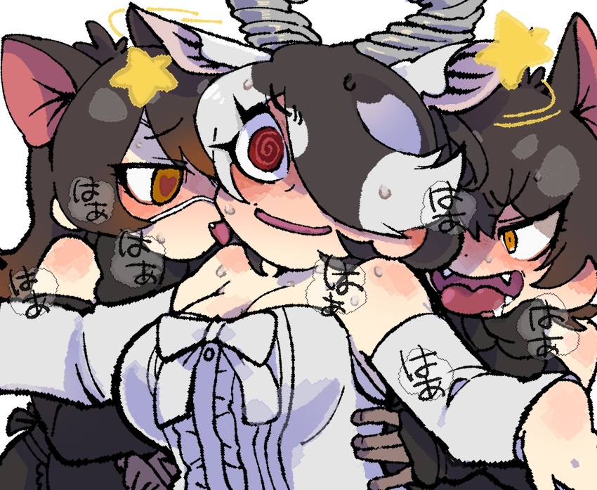 3girls @_@ animal_ears antelope_ears antelope_horns apron arms_up australian_devil_(kemono_friends) bare_shoulders behind_another black_hair blackbuck_(kemono_friends) blush bow bowtie breasts breath brown_eyes brown_hair cleavage commentary_request detached_sleeves drooling extra_ears eyelashes eyepatch fangs furrowed_brow gloves grey_hair hair_over_one_eye heart heart-shaped_pupils heavy_breathing highres horns igarashi_(nogiheta) kemono_friends kemono_friends_3 long_hair looking_at_another medical_eyepatch medium_hair multicolored_hair multiple_girls nervous_smile nervous_sweating open_mouth red_eyes smile star_(symbol) strapless sweat swept_bangs symbol-shaped_pupils tasmanian_devil_(kemono_friends) tasmanian_devil_ears tongue tongue_out tsurime upper_body v-shaped_eyebrows wide-eyed yellow_eyes you_gonna_get_raped yuri