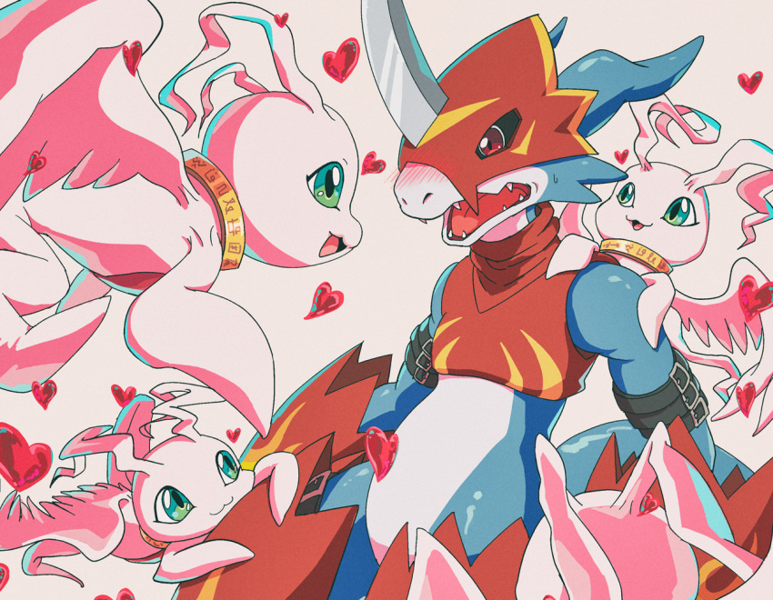 anthro armor bandai_namco belt blue_body blue_eyes blush claws clothing crop_top digimon digimon_(species) featureless_crotch flamedramon group headgear heart_symbol helmet kubota_keita male marineangemon pink_body red_eyes shirt straps topwear