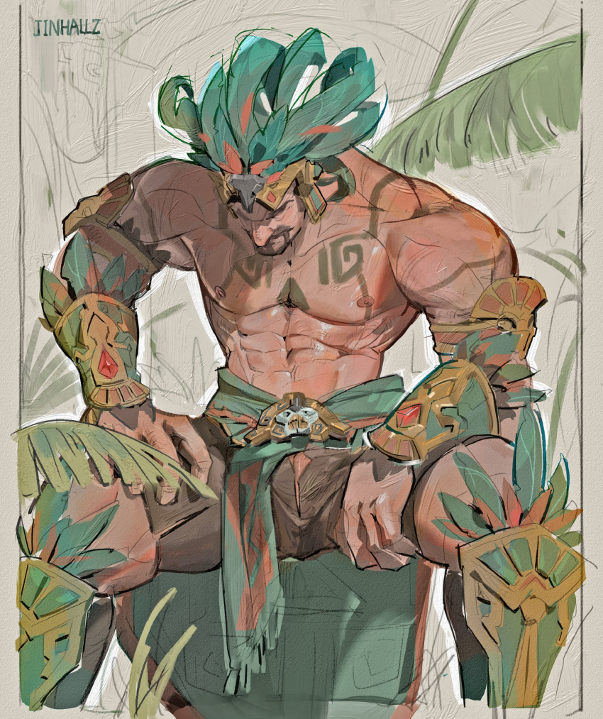 1boy abs absurdres armor artist_name bara beard bracer brown_shorts bulge clothing_aside facial_hair feet_out_of_frame goatee greaves headdress highres jinhallz large_pectorals male_focus mature_male moustache muscular muscular_male nipples official_alternate_costume open_fly overwatch overwatch_2 palm_tree pectorals pelvic_curtain pelvic_curtain_aside penis penis_peek plant plant_hair reaper_(overwatch) short_shorts shorts sitting solo spread_legs stomach tattoo thick_eyebrows topless_male tree tribal vambraces