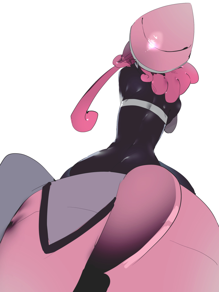 absurdres back bad_id bad_pixiv_id bandeau bare_shoulders black_skin colored_skin commentary female from_behind from_below hat highres long_hair pink_hair pink_hat pokemon pokemon_(creature) sidelocks simple_background solo tapu_lele tlqkf white_background white_bandeau