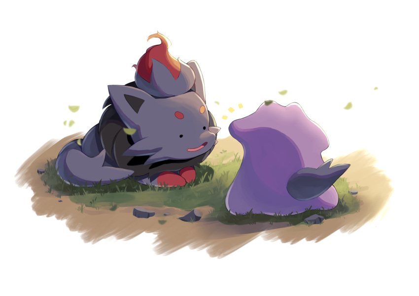 absurdres black_eyes commentary_request ditto falling_leaves grass highres leaf looking_at_another lying no_humans on_stomach open_mouth pokemon pokemon_(creature) smile solid_circle_eyes tongue transform_(pokemon) transformed_ditto yuki_hishaku zorua