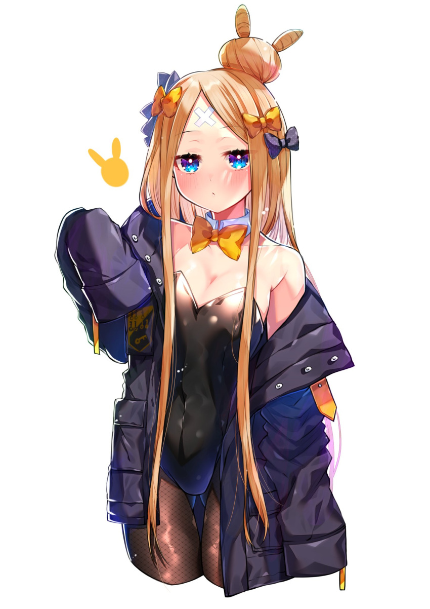 abigail_williams_(fate) akirannu ass_visible_through_thighs bare_shoulders blonde_hair blue_bow blue_jacket blush bow bowtie breasts cleavage commentary_request cowboy_shot cropped_legs detached_collar eyes_visible_through_hair fate/grand_order fate_(series) female fishnet_pantyhose fishnets hair_ornament highres jacket jacket_partially_removed large_forehead long_hair looking_at_viewer navel pantyhose playboy_bunny rabbit_symbol sleeves_past_fingers sleeves_past_wrists small_breasts solo thighs very_long_hair white_background yellow_bow yellow_bowtie