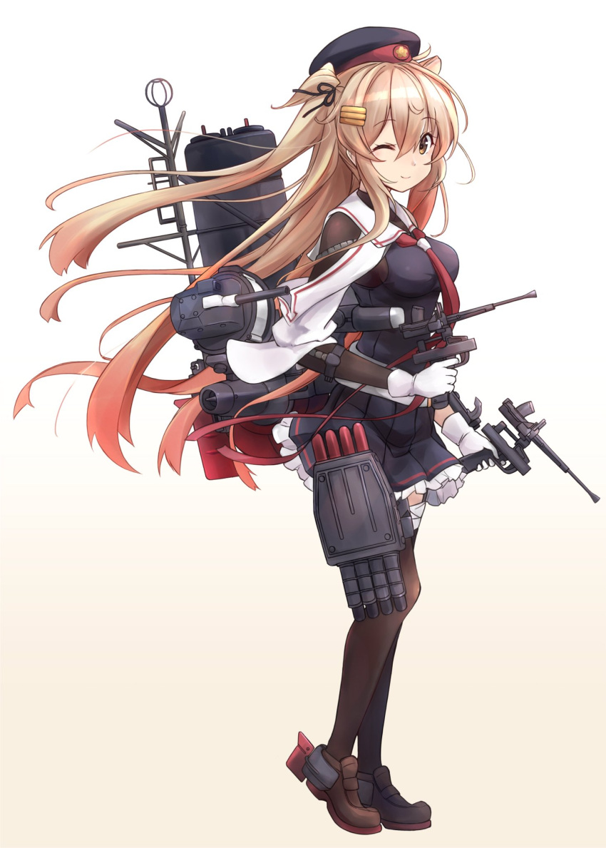 ;) asymmetrical_clothes asymmetrical_legwear beret black_hat black_pantyhose black_serafuku black_skirt black_thighhighs commentary_request female frilled_skirt frills full_body gloves gradient_background gradient_hair gun hat highres kantai_collection light_brown_hair loafers long_hair machinery minosu multicolored_hair murasame_(kancolle) murasame_kai_ni_(kancolle) neckerchief one_eye_closed pantyhose pleated_skirt red_eyes red_neckerchief sailor_collar school_uniform serafuku shoes single_leg_pantyhose single_thighhigh skirt smile solo standing thighhighs torpedo_launcher two_side_up uneven_legwear weapon white_background white_gloves white_sailor_collar