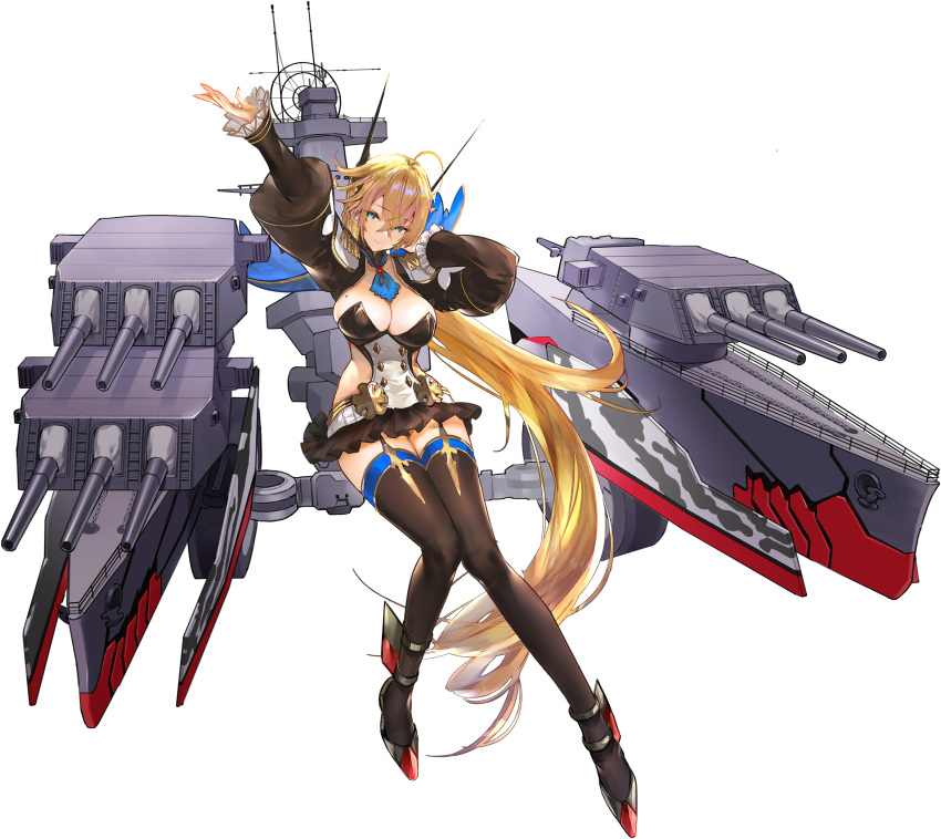 ahoge arm_up artist_request ascot black_thighhighs blonde_hair blue_ascot blue_oath breasts cleavage crossed_bangs epaulettes female frilled_sleeves frills garter_straps hair_between_eyes highres large_breasts long_hair mole mole_on_breast mole_under_eye official_art rigging rudder_footwear smile solo south_dakota_(blue_oath) thighhighs transparent_background very_long_hair