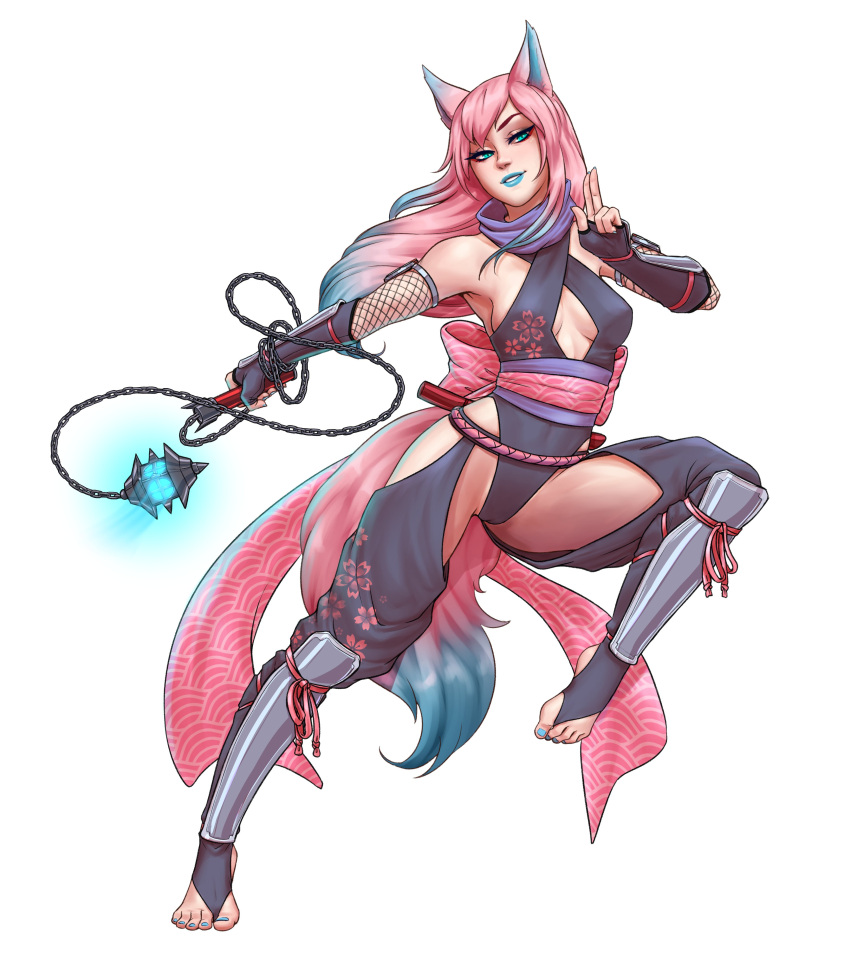 absurdres animal_ears ball_and_chain_(weapon) bare_hips bare_shoulders black_footwear blue_hair blue_lips blush breasts breasts_apart chains cleavage_cutout clothing_cutout commission covered_nipples female figgylicious fighting_stance fingerless_gloves fishnets floral_print fox_ears fox_girl fox_tail gloves heel-less_legwear highres holding holding_weapon kuji-in long_hair multicolored_hair no_bra original pale_skin pink_hair purple_scarf red_rope rope saya_(atelier951) scarf seductive_smile shin_guards small_breasts smile solo_focus spiked_ball_and_chain standing standing_on_one_leg tail thick_eyelashes thighs toeless_legwear weapon white_background