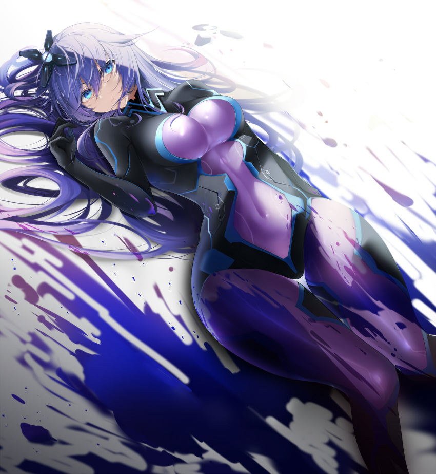 blue_eyes bodysuit breasts covered_navel female hair_ornament highres large_breasts long_hair looking_at_viewer lying neptune_(series) next_purple on_back purple_bodysuit purple_hair purple_heart_(neptunia) shin_jigen_game_neptune_vii solo thighs xi_ying