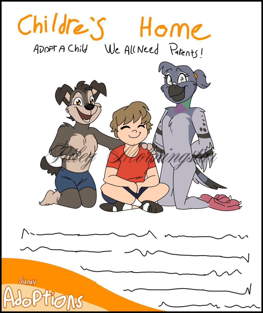 absurd_res adoption age_difference anthro avian bottomwear breasts brown_hair canid canine canis clothing domestic_dog english_text feathered_wings feathers featureless_breasts featureless_crotch flyer_(pamphlet) group hair hand_on_shoulder hands_behind_back hands_in_lap hi_res human mammal pamphlet riley_morningstar shorts tail tail_feathers text trio wings young younger_anthro younger_human