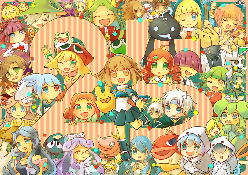 6+boys 6+girls accord_sensei ally_(puyopuyo) amitie_(puyopuyo) andou_ringo anniversary arle_nadja armor blonde_hair blue_capelet blue_eyes blue_hair capelet carbuncle_(puyopuyo) chiko_(puyopuyo) chisora_(chisora_ra) closed_eyes donguri_gaeru doppelganger_arle doppelganger_schezo draco_centauros dragon_girl dragon_horns dragon_wings everyone feli_(puyopuyo) ghost glasses green_eyes green_hair grey_hair hair_over_eyes hair_over_one_eye hair_ribbon half_updo harpy_(puyopuyo) hat heterochromia highres honey_bee_(puyopuyo) horns incubus_(puyopuyo) kikimora_(puyopuyo) klug_(puyopuyo) lagnus_the_brave lemres_(puyopuyo) lidelle_(puyopuyo) light_blue_hair long_hair mermaid minotaur_(puyopuyo) monster_girl multiple_boys multiple_girls ocean_prince onion_pixy otomo_(puyopuyo) pink_hair pointy_ears popoi_(puyopuyo) purple_hair puyopuyo puyopuyo_7 puyopuyo_chronicle puyopuyo_fever raffina_(puyopuyo) red_eyes red_hair rei_(puyopuyo) ribbon risukuma_(puyopuyo) rulue_(puyopuyo) sasaki_maguro satan_(puyopuyo) schezo_wegey school_uniform serilly_(puyopuyo) short_hair shoulder_pads sig_(puyopuyo) skeleton_t sleeves_past_fingers sleeves_past_wrists strange_klug suketoudara turtleneck waku_waku_puyo_dungeon wavy_hair wing_hair_ornament wings witch_(puyopuyo) yu_(puyopuyo)