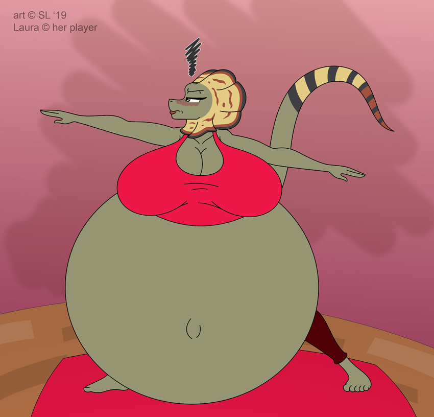 2019 agamid anthro belly big_belly big_breasts blush bottomwear breasts clothed clothing copyright_symbol digital_media_(artwork) female frilled_lizard hi_res huge_belly huge_breasts hyper hyper_belly hyper_pregnancy laura_(lizardguy) lizard navel non-mammal_breasts outie_navel pants pregnant pregnant_anthro pregnant_female prenatal_yoga reptile satsumalord scalie solo symbol topwear yoga yoga_mat yoga_pants