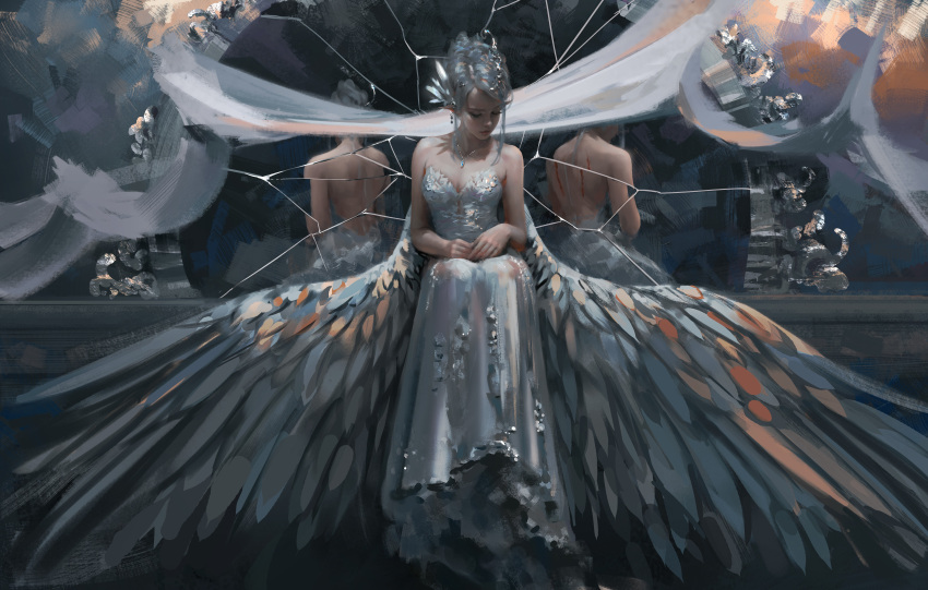 dress ghostblade gray_hair mirror necklace pointed_ears princess_yan realistic reflection wings wlop