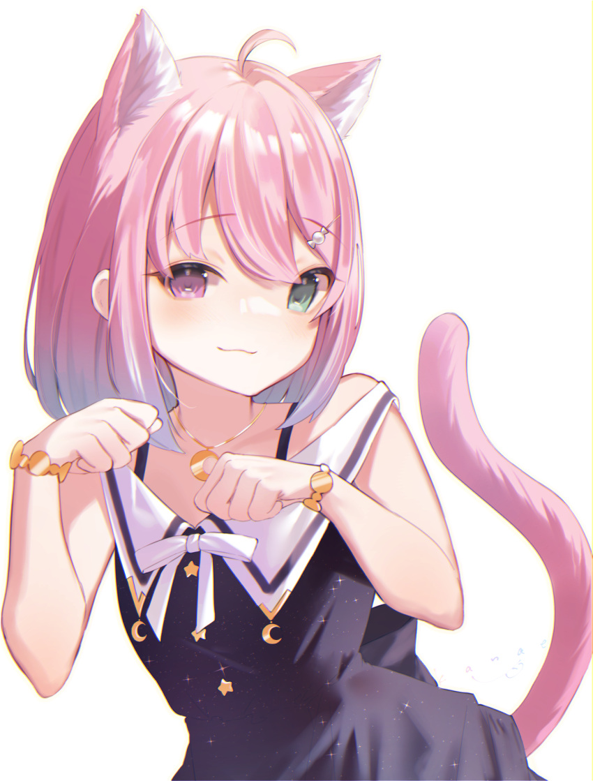 :3 ahoge animal_ear_fluff animal_ears black_dress blue_hair bow cat_ears cat_girl cat_tail closed_mouth commentary_request crescent crescent_necklace dress female gradient_background green_eyes heterochromia highres himemori_luna himemori_luna_(sundress) hololive jewelry kanae_(inorin05kanae) looking_at_viewer medium_hair necklace official_alternate_costume paw_pose pink_hair purple_eyes simple_background sleeveless sleeveless_dress solo tail upper_body virtual_youtuber white_background white_bow