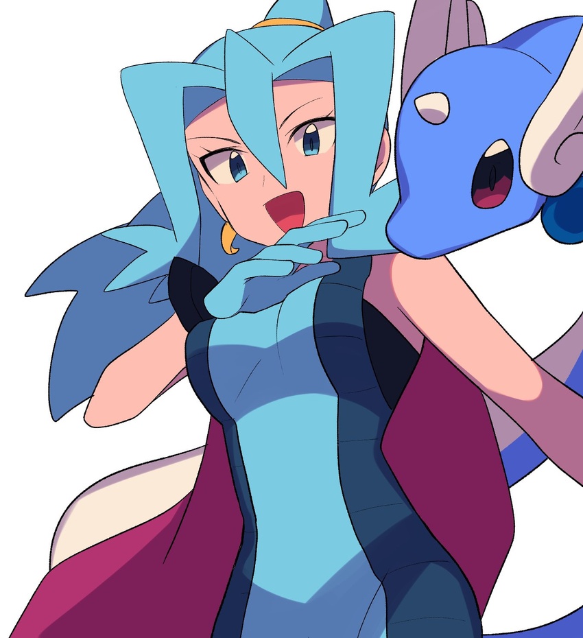 :d blue_bodysuit blue_eyes blue_gloves blue_hair bodysuit breasts cape clair_(pokemon) commentary_request dragonair earrings eyelashes female gloves hand_up highres jewelry long_hair open_mouth pokemon pokemon_(creature) pokemon_hgss ponytail simple_background smile tongue tooth_earrings two-tone_bodysuit tyako_089 white_background