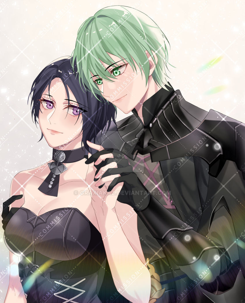 1boy armor bare_shoulders black_choker blue_hair bodice breasts byleth_(fire_emblem) byleth_(fire_emblem)_(male) choker cleavage collarbone commission couple female fire_emblem fire_emblem:_three_houses graxiakaz green_eyes green_hair highres looking_at_another medium_breasts purple_eyes shamir_nevrand short_hair smile tagme upper_body watermark