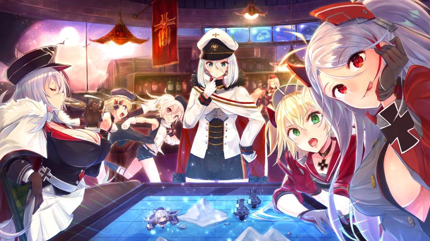 admiral_hipper_(azur_lane) azur_lane blonde_hair breasts cleavage commentary_request gneisenau_(azur_lane) graf_zeppelin_(azur_lane) green_eyes highres huge_breasts indoors large_breasts mappaninatta multiple_girls open_mouth prinz_eugen_(azur_lane) red_eyes scharnhorst_(azur_lane) short_hair sideboob skirt tirpitz_(azur_lane) tongue tongue_out uniform z1_leberecht_maass_(azur_lane) z23_(azur_lane) z46_(azur_lane)