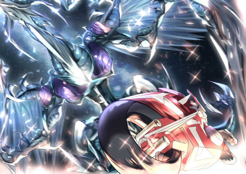 1boy absurdres battle black_footwear boots commentary_request d-wheel dragon duel_monster from_below fudo_yusei glint ground_vehicle highres motion_blur motor_vehicle nakagawa_kanon_(pixiv32798535) sky sparkle star_(sky) stardust_dragon starry_sky yu-gi-oh! yu-gi-oh!_5d's