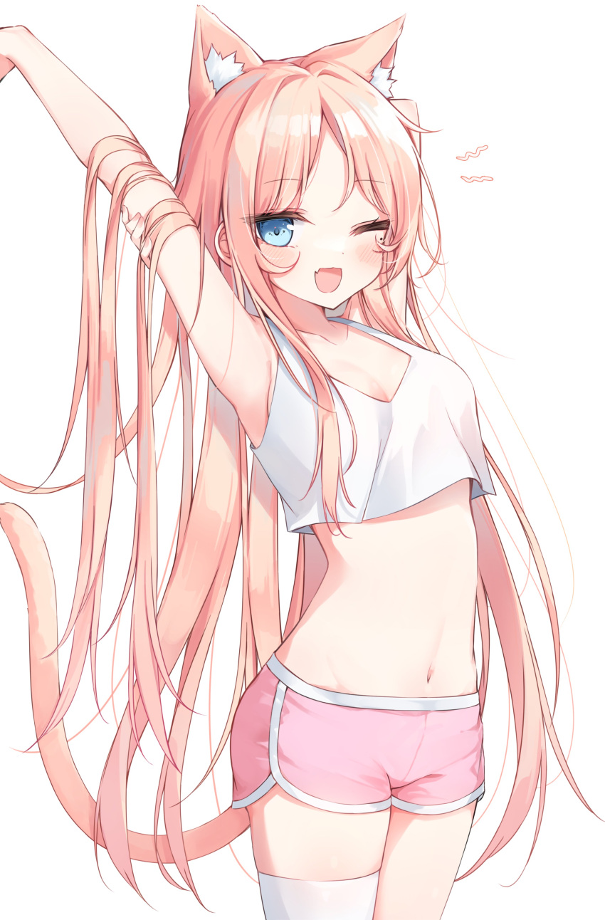 ;d absurdres animal_ears arm_behind_head arm_up armpits bare_arms bare_shoulders beliatan blue_eyes breasts cat_ears cat_girl cat_tail commentary cowboy_shot crop_top crop_top_overhang dolphin_shorts extra_ears female highres long_hair looking_at_viewer medium_breasts midriff mole mole_under_eye navel oerba_yun_fang one_eye_closed open_mouth original pink_hair pink_shorts shirt short_shorts shorts simple_background single_thighhigh sleeveless sleeveless_shirt smile solo stomach symbol-only_commentary tail tank_top thighhighs very_long_hair white_background white_shirt white_thighhighs