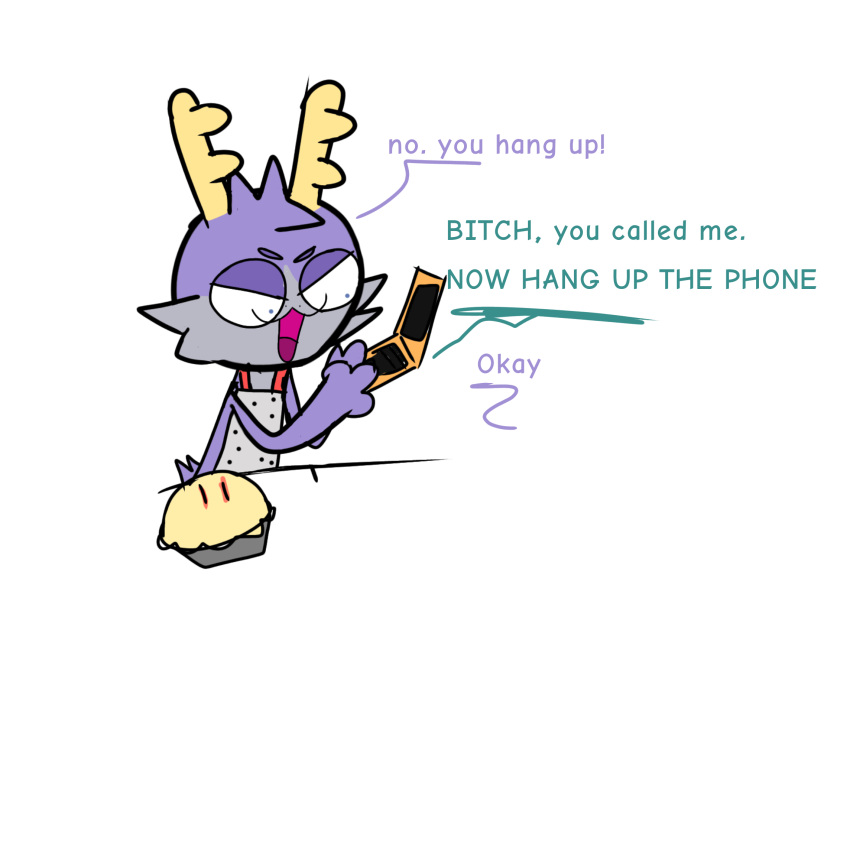 anthro antlers apron apron_only bedfellows bippppy cellphone clothing electronics english_text fatigue_(bedfellows) flip_phone fur grey_body grey_fur hi_res horn jackalope lagomorph male mammal mostly_nude open_mouth phone profanity purple_body purple_fur sheen_(bedfellows) text