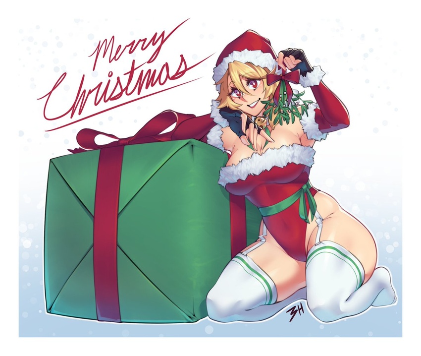 bell blonde_hair breasts buskhusker christmas_present detached_sleeves female fingerless_gloves full_body gift gloves hair_between_eyes hat holding holding_mistletoe isabelle_(buskhusker) leotard looking_at_viewer merry_christmas mistletoe neck_bell original red_eyes santa_hat short_hair solo striped_clothes striped_thighhighs thick_thighs thighhighs thighs