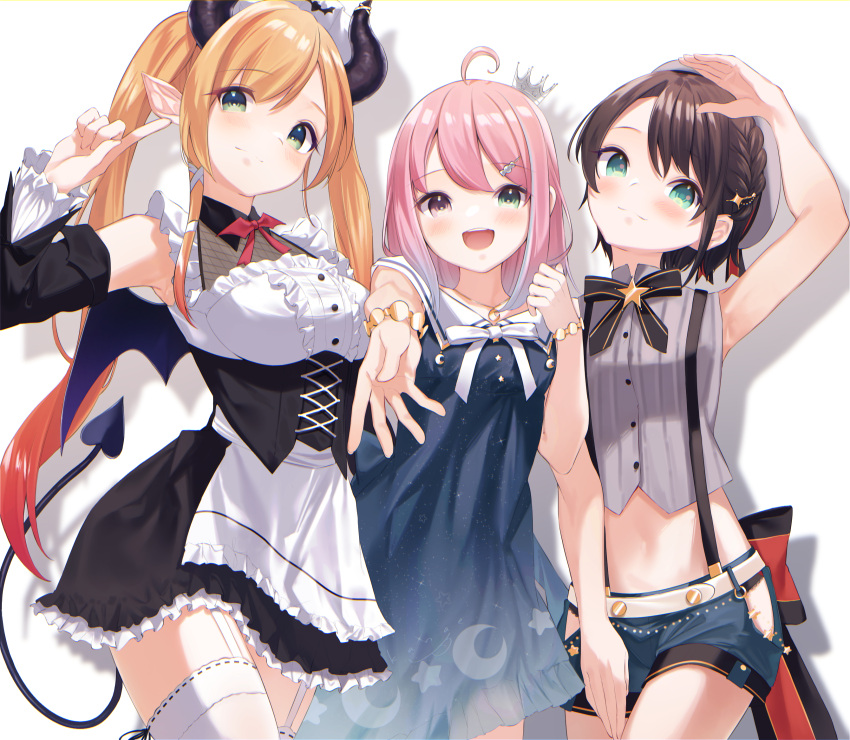 3girls :d ahoge apron aqua_eyes black_bow black_dress blonde_hair blue_dress blue_hair blue_shorts bow bracelet braid breasts brown_hair closed_mouth commentary_request crescent_print crop_top crown demon_girl demon_horns demon_tail demon_wings detached_sleeves dress frilled_apron frilled_dress frills garter_straps gradient_hair green_eyes grey_shirt hair_ribbon heterochromia highres himemori_luna himemori_luna_(sundress) hololive horns jewelry kanae_(inorin05kanae) long_hair long_sleeves looking_at_viewer maid md5_mismatch medium_breasts mini_crown multicolored_hair multiple_girls official_alternate_costume oozora_subaru oozora_subaru_(work) open_mouth orange_hair outstretched_arm pink_hair pointy_ears purple_eyes reaching reaching_towards_viewer ribbon ribbon-trimmed_legwear ribbon_trim sailor_collar shirt short_hair short_shorts shorts sleeveless sleeveless_dress sleeveless_shirt smile star_(symbol) star_print starry_sky_print suspender_shorts suspenders tail thighhighs twintails virtual_youtuber white_apron white_bow white_legwear white_sailor_collar wings yuzuki_choco yuzuki_choco_(maid)