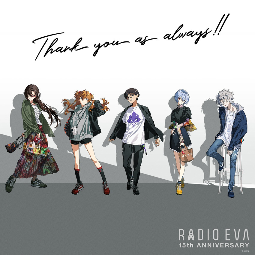 2boys 3girls ayanami_rei bag black_hair brown_hair casual denim fashion floating_clothes floating_hair glasses grey_hair handbag hood hoodie ikari_shinji interface_headset jeans jewelry lineup long_skirt makinami_mari_illustrious multiple_boys multiple_girls nagisa_kaworu necklace neon_genesis_evangelion official_art pants pleated_skirt radio_eva rebuild_of_evangelion short_hair short_shorts shorts skirt souryuu_asuka_langley yoneyama_mai