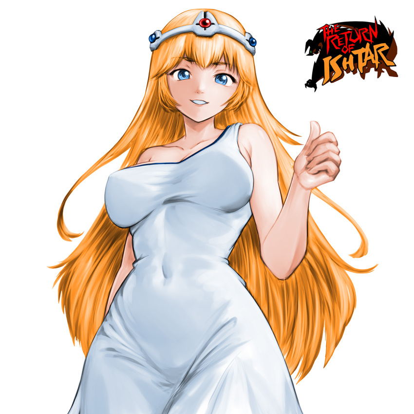 bare_shoulders blonde_hair blue_eyes blue_gemstone breasts circlet cleavage collarbone copyright_name covered_navel druaga_no_tou female gem highres ishtar_(druaga_no_tou) large_breasts long_hair looking_at_viewer minamoto80486 red_gemstone return_of_ishtar simple_background single_strap smile solo very_long_hair white_background