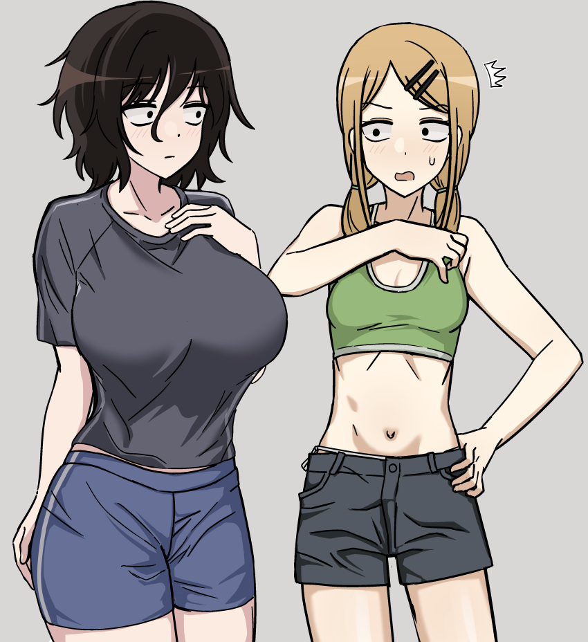 2girls absurdres asai_akira black_hair blonde_hair breast_envy breasts commentary creator_connection crossover dagashi_kashi endou_saya green_sports_bra hair_ornament hairclip highres large_breasts messy_hair midriff multiple_girls nankyoku_(gfey8832) panties panty_peek sanpaku shirt short_shorts shorts side-tie_panties simple_background skinny small_breasts sports_bra t-shirt twintails underwear yofukashi_no_uta