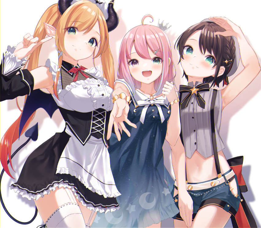 3girls :d ahoge apron aqua_eyes black_bow black_dress blonde_hair blue_dress blue_hair blue_shorts bow bracelet braid breasts brown_hair closed_mouth commentary_request crescent_print crop_top crown demon_girl demon_horns demon_tail demon_wings detached_sleeves dress frilled_apron frilled_dress frills garter_straps gradient_hair green_eyes grey_shirt hair_ribbon heterochromia highres himemori_luna himemori_luna_(sundress) hololive horns jewelry kanae_(inorin05kanae) long_hair long_sleeves looking_at_viewer maid medium_breasts mini_crown multicolored_hair multiple_girls official_alternate_costume oozora_subaru oozora_subaru_(work) open_mouth orange_hair outstretched_arm pink_hair pointy_ears purple_eyes reaching reaching_towards_viewer revision ribbon ribbon-trimmed_legwear ribbon_trim sailor_collar shirt short_hair short_shorts shorts sleeveless sleeveless_dress sleeveless_shirt smile star_(symbol) star_print starry_sky_print suspender_shorts suspenders tail thighhighs twintails virtual_youtuber white_apron white_bow white_legwear white_sailor_collar wings yuzuki_choco yuzuki_choco_(maid)