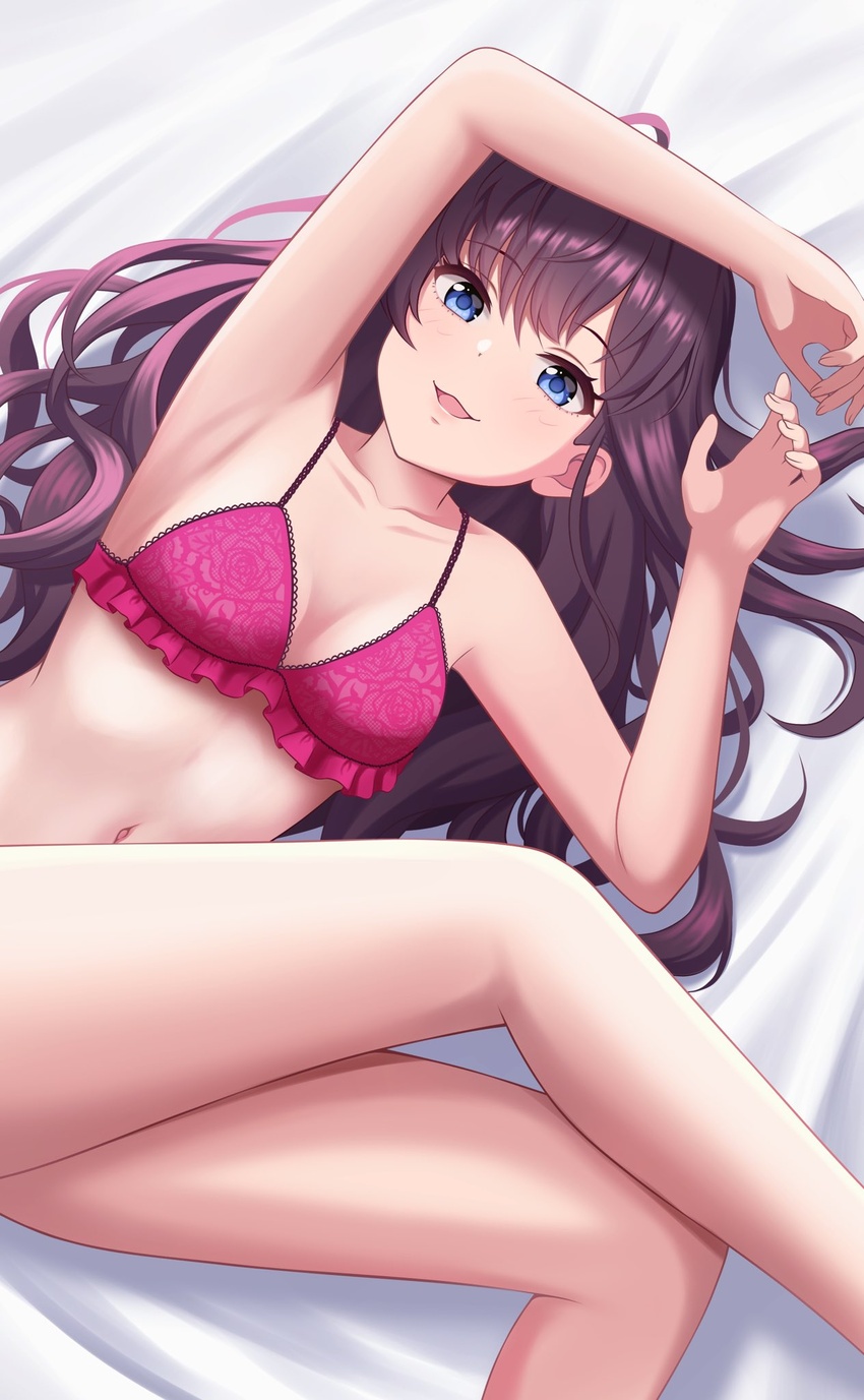 arm_over_head armpits bed blue_eyes breasts commentary_request contamination_(contami0813) female highres ichinose_shiki idolmaster idolmaster_cinderella_girls legs lingerie long_hair looking_at_viewer lying navel solo underwear