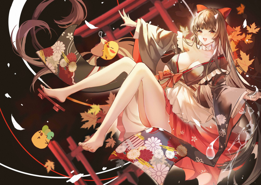 absurdres autumn_leaves azur_lane bare_legs barefoot bow breasts brown_hair cleavage collar collarbone detached_collar falling_feathers falling_leaves falling_petals feathers feet female geta hairbow highres horns japanese_clothes kimono large_breasts leaf legs long_hair long_sleeves looking_at_viewer manjuu_(azur_lane) official_alternate_costume open_mouth orange_eyes petals red_bow sakawa_(azur_lane) sakawa_(the_colors_of_love)_(azur_lane) sandals smile solo thighs toes torii very_long_hair white_collar wide_sleeves xiongshouji