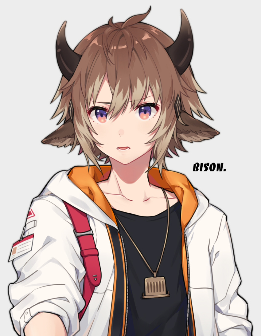 1boy ahoge anchun_(quail0503) androgynous animal_ears arknights bison_(arknights) black_shirt brown_eyes brown_hair character_name cow_boy cow_ears cow_horns grey_background hair_between_eyes hair_ornament highres horns id_card jacket jewelry male_focus necklace open_clothes open_jacket parted_lips shirt short_hair simple_background sleeves_rolled_up solo upper_body white_jacket