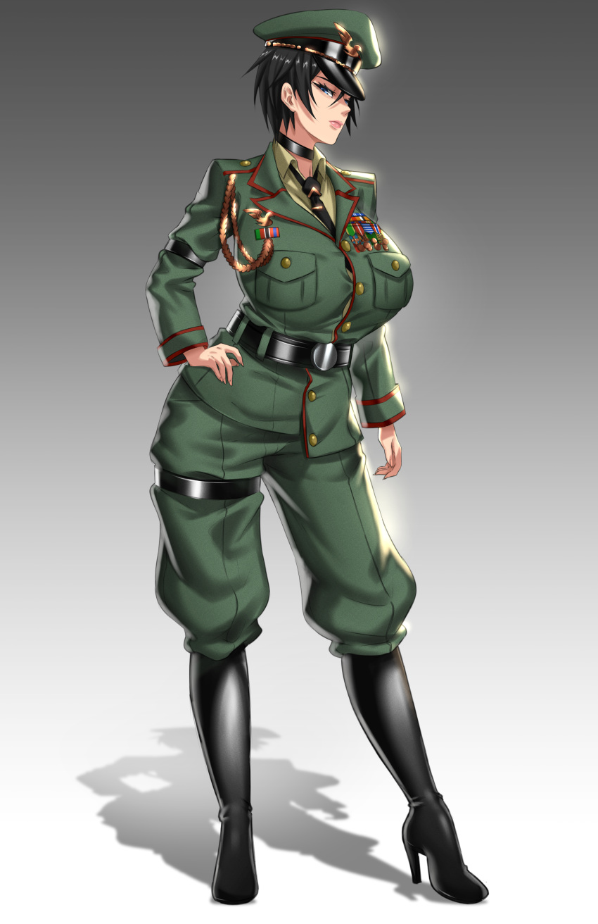 absurdres anima_(togashi) blue_eyes boots breasts commission female full_body gradient_background hat high_heels highres large_breasts latex latex_boots mature_female medal military military_hat military_uniform necktie original red_trim shadow short_hair simple_background solo standing uniform