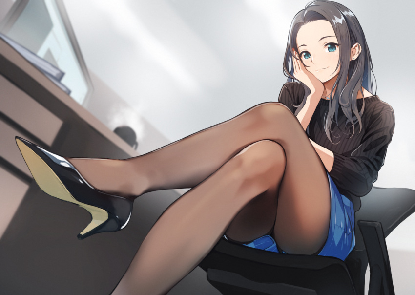 apon black_hair green_eyes long_hair original pantyhose skirt