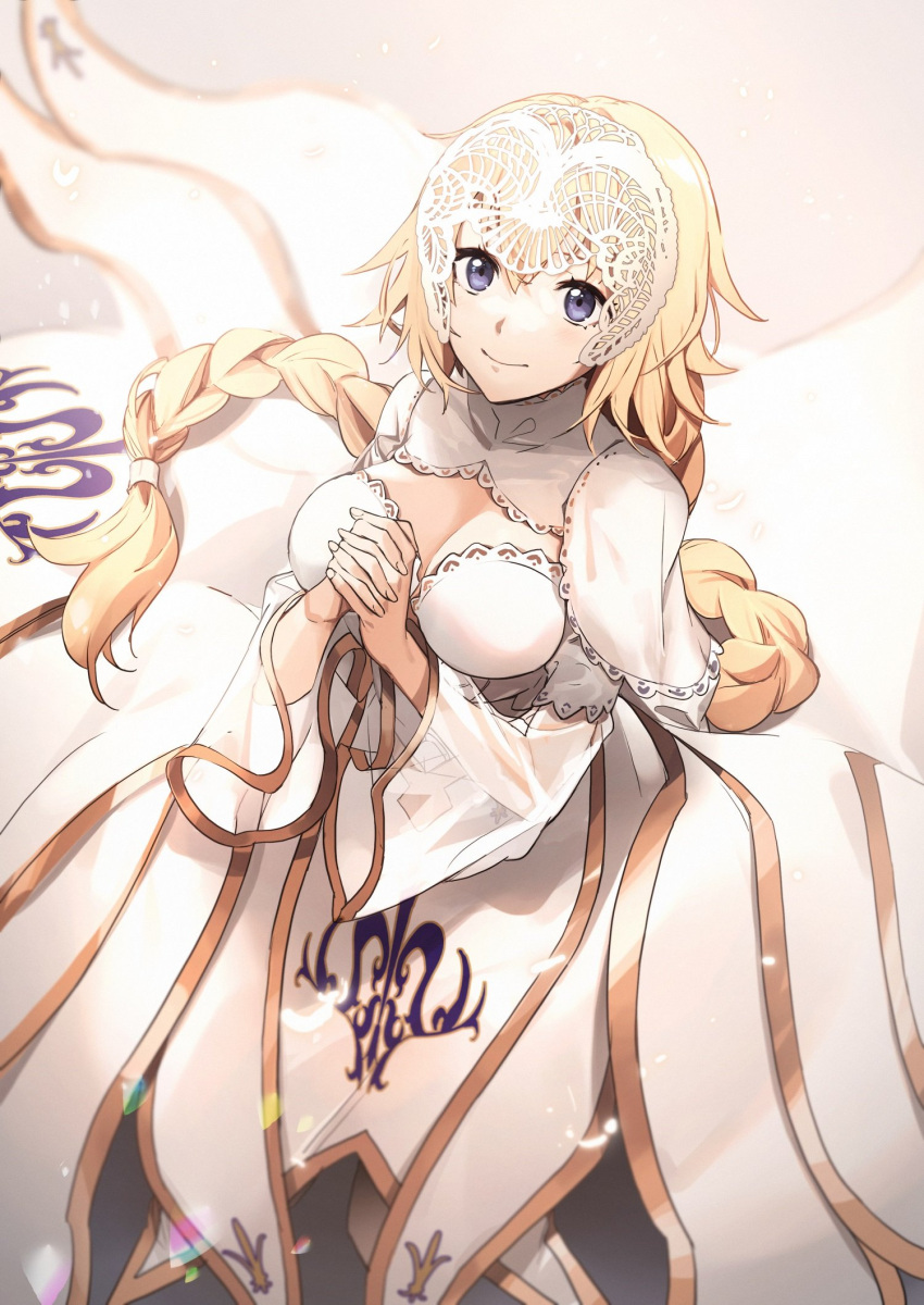 alternate_costume blonde_hair braid braided_ponytail breasts cleavage cleavage_cutout closed_mouth clothing_cutout dress fate/grand_order fate_(series) female fingernails hair_between_eyes hair_ornament headpiece highres jeanne_d'arc_(fate) jeanne_d'arc_(lostroom_outfit)_(fate) large_breasts long_dress long_hair long_sleeves looking_at_viewer no-kan official_alternate_costume own_hands_together purple_eyes smile solo very_long_hair white_dress wide_sleeves