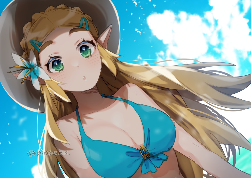 :o alternate_costume bare_shoulders bikini blonde_hair blush braid breasts cleavage commentary_request day female flower green_eyes hair_flower hair_ornament hanaberin hat highres long_hair looking_at_viewer medium_breasts outdoors pointy_ears princess_zelda solo sun_hat swimsuit the_legend_of_zelda the_legend_of_zelda:_breath_of_the_wild